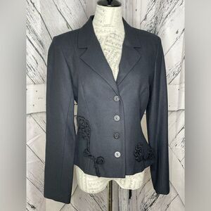VINTAGE Beverly Mehe Black Wool Fitted Jacket Blazer Embellishment 10